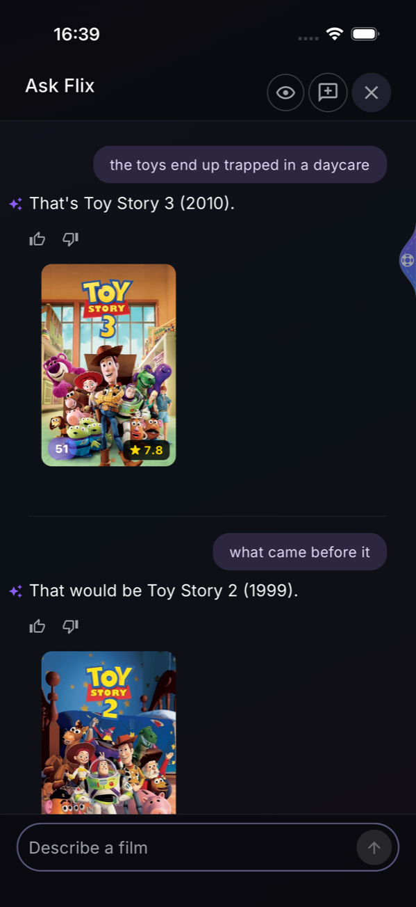 Ask Flix panel showing a plot-fragment question with an AI answer and four real film suggestions