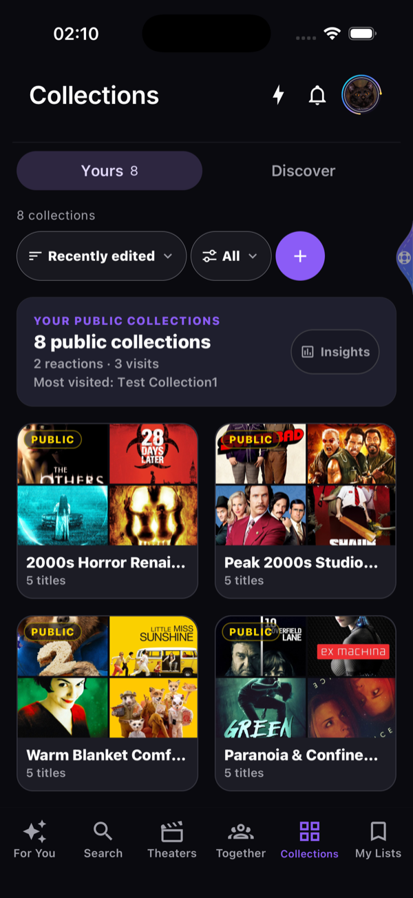 Collections screen with curated movie lineups