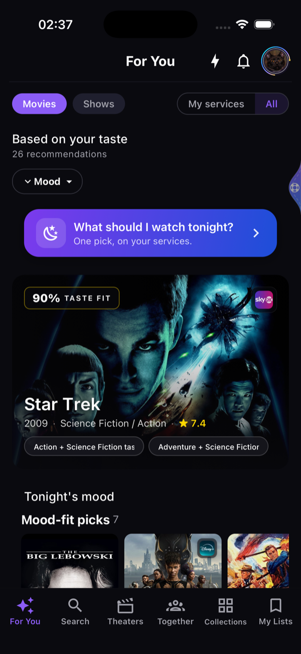 Flixpickr home screen with personalized recommendation lanes