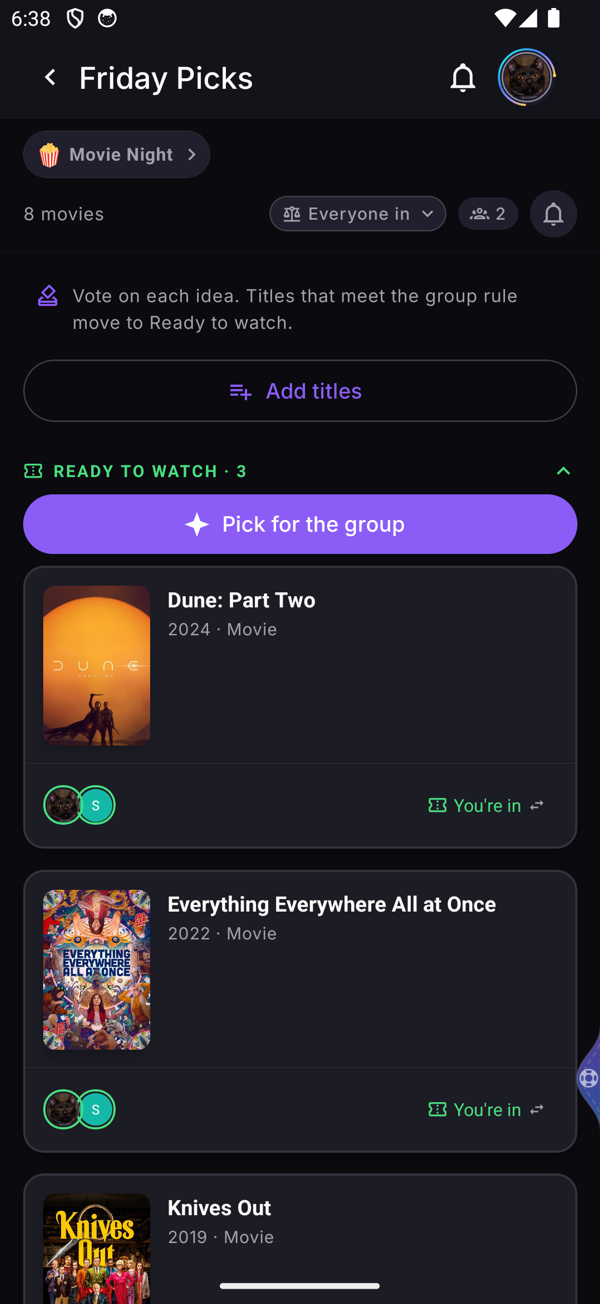 Shared list screen with group votes and a match